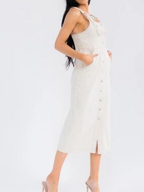 Cream Denim Button-Front Midi Dress 100% Cotton, Sleeveless Buckle Strap